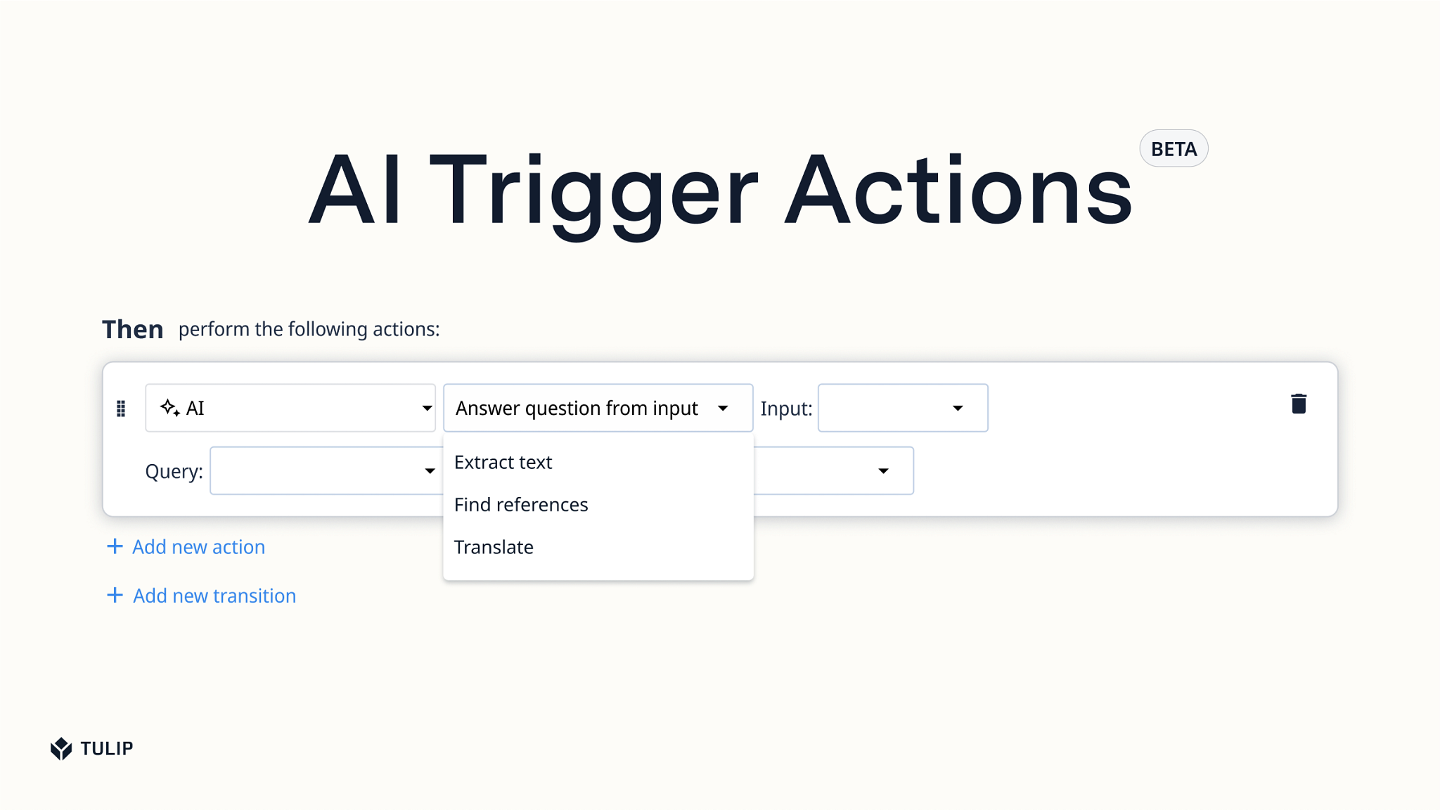Capture d'écran de l'interface du logiciel AI Trigger Actions sur Tulip avec le texte "AI Trigger Actions Beta".