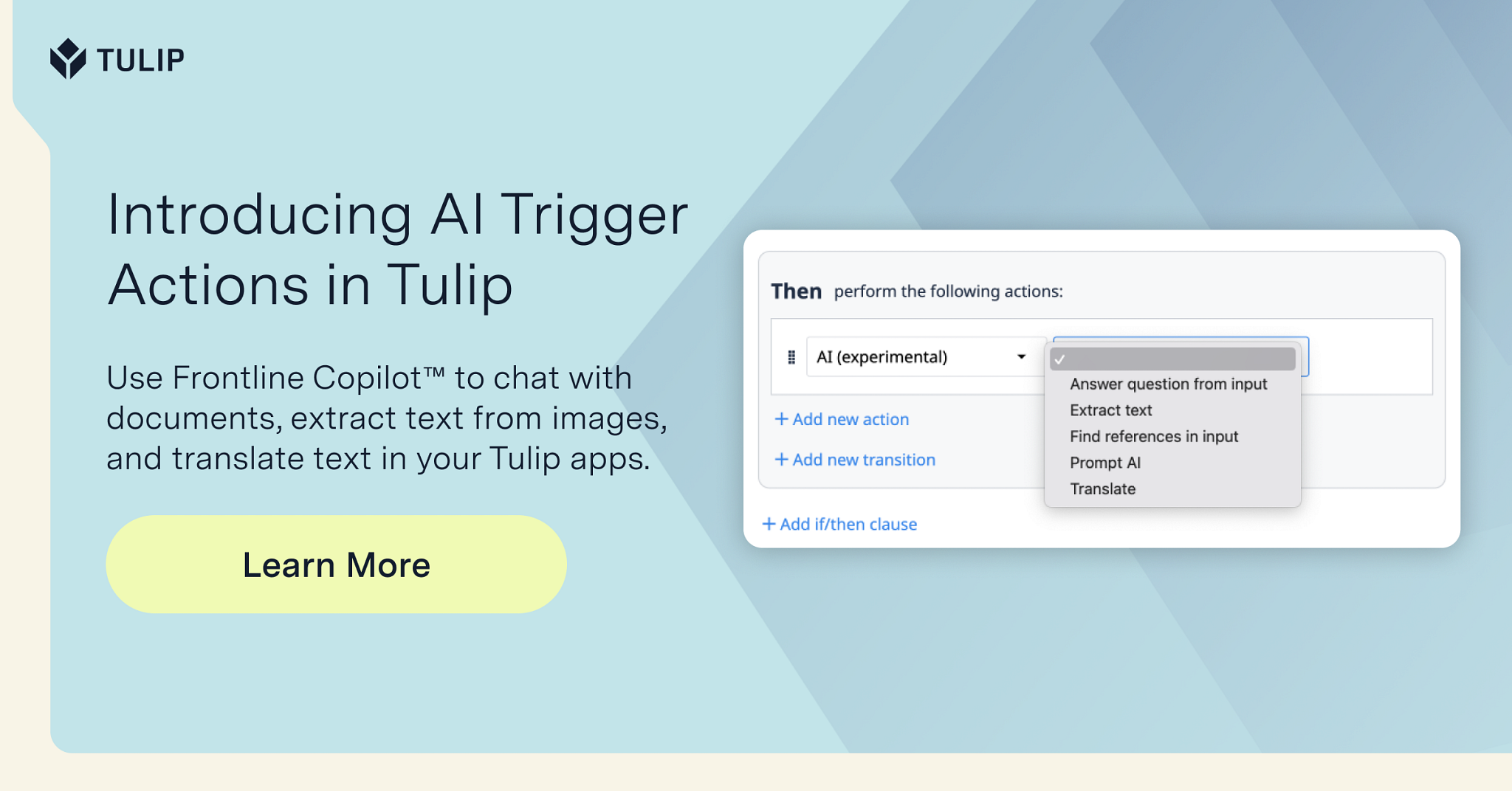 Graphic of Trigger building interface with text "Introducing AI trigger actions"